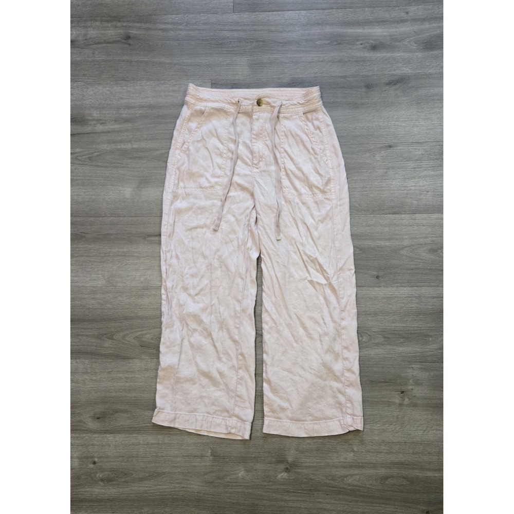 American Eagle Womens Wide Leg Cropped Pants Size 4 Pink Linen Blend Tie Waist